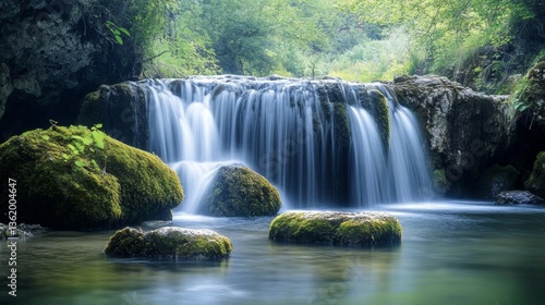 Scenic waterfall in lush green forest
