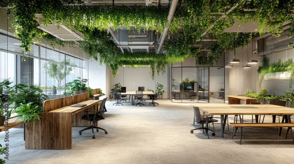 Fototapeta premium A biophilic office interior with an open ceiling design, suspended greenery, reclaimed wood tables, and earthy neutral tones complemented by