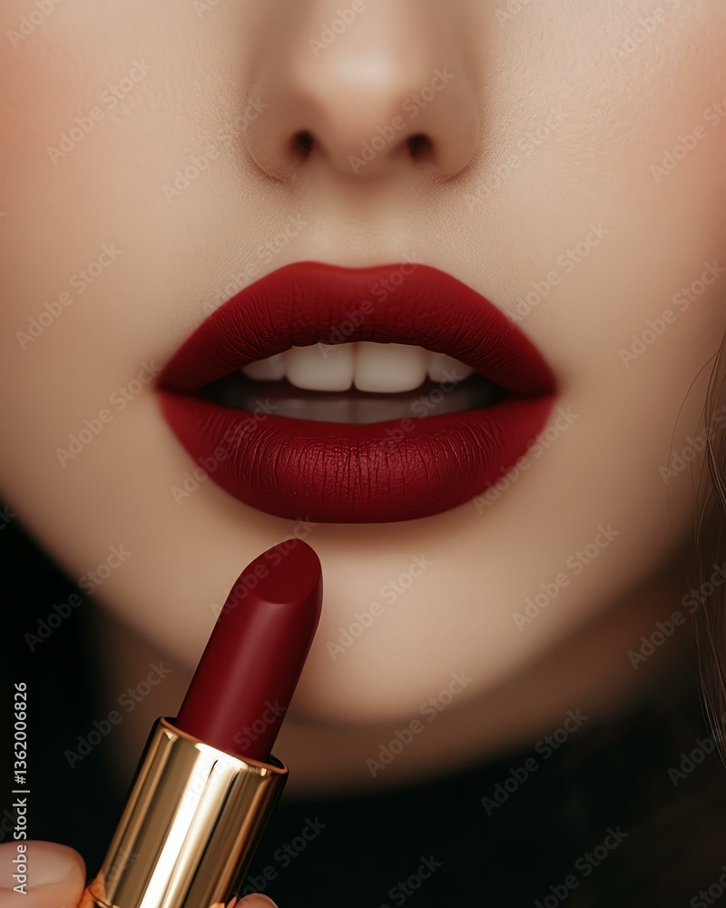 Obraz premium paste mockup lipstick Close-up of a woman applying rich red lipstick, showcasing stylish beauty and makeup trends. Perfect for fashion and cosmetics themes.