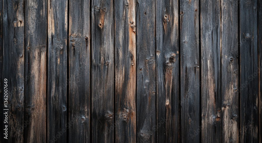Naklejka premium Weathered wooden planks create rustic and textured background, showcasing natural imperfections and rich tones