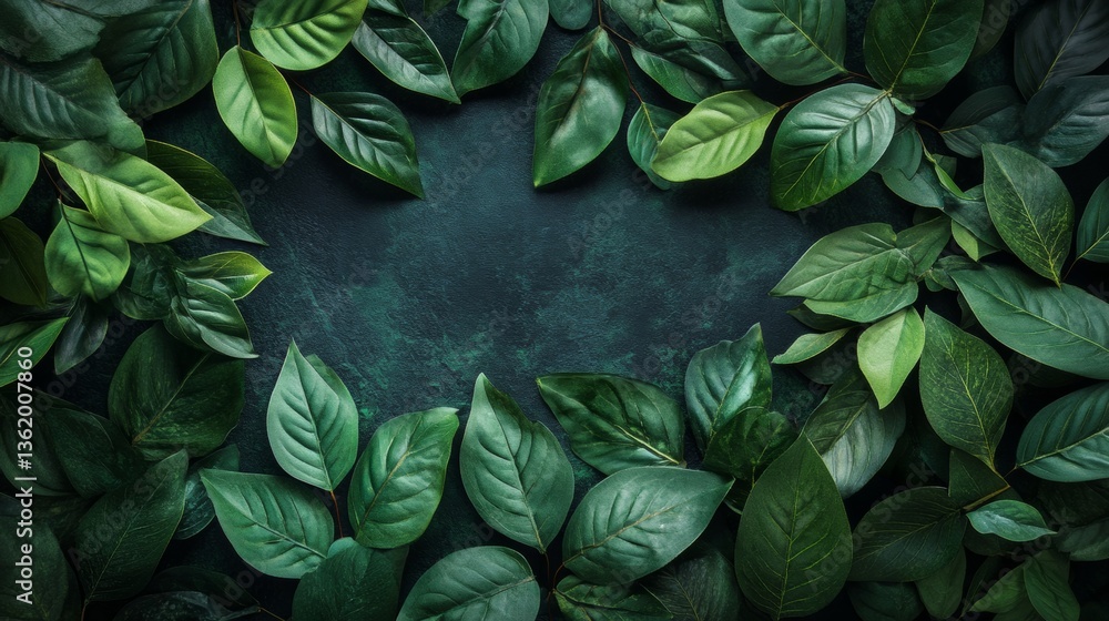 Fototapeta premium Botanical green leaves overlapping on black background