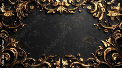 A deep black background with luxurious golden filigree patterns, creating a sophisticated and refined atmosphere