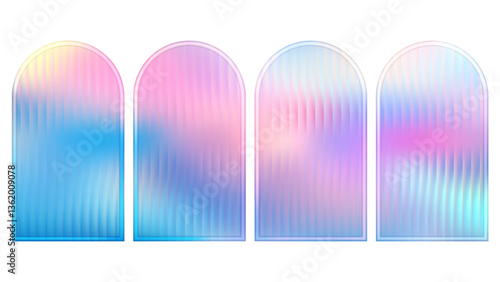 Corrugated glass arch background with frosted panel or plastic wall. Abstract gradient texture across 3d podium or circular mirror. Light reflection on ribbed surface with holographic effect