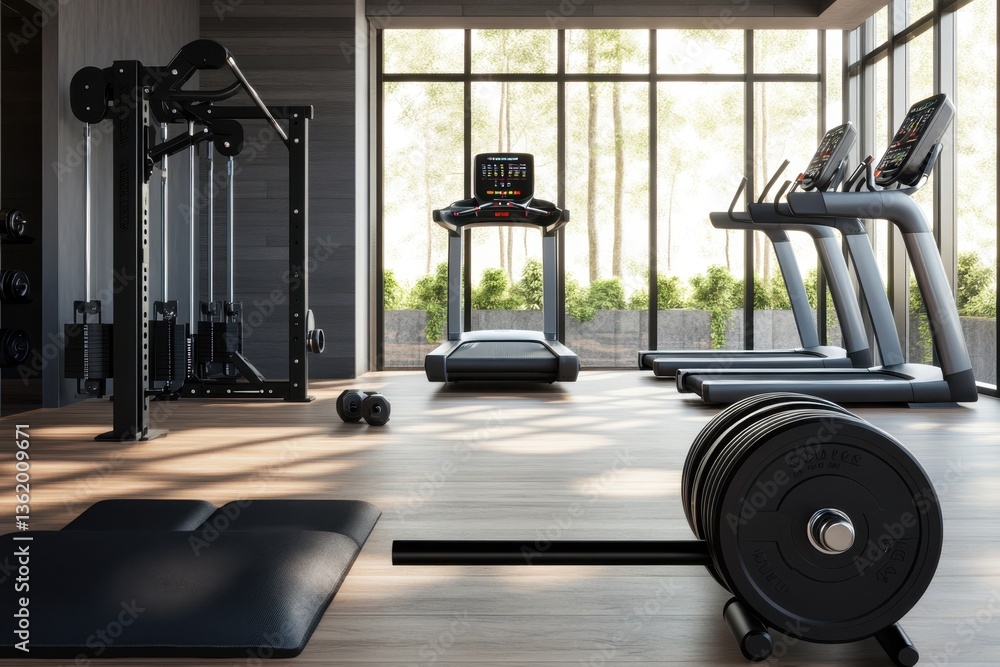 Fototapeta premium Modern fitness center featuring gym equipment and natural light during the day