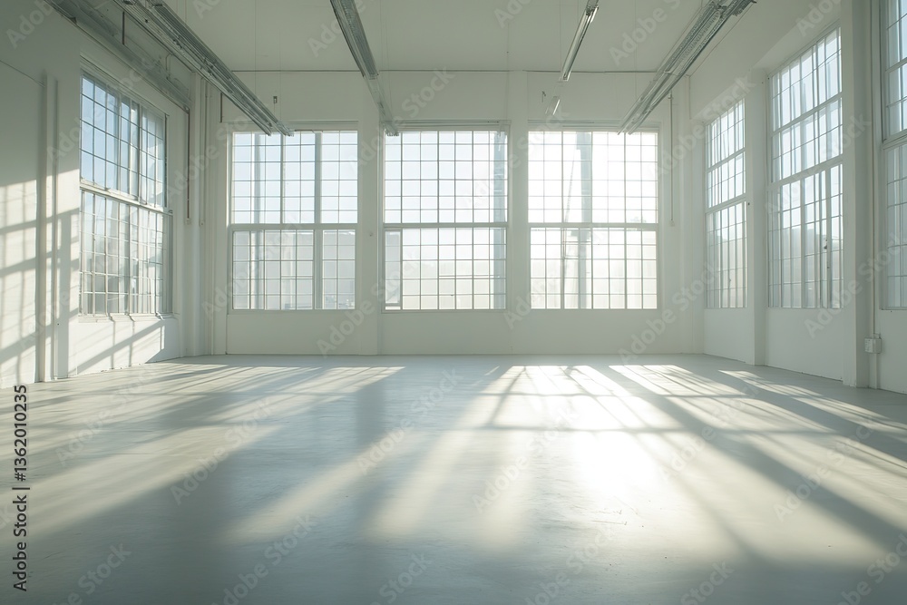 Bright Minimalist White Room Interior With Large Windows and Soft Shadow Light Play Bright Minimalist White Room Interior With Large Windows and Soft Shadow Light Play