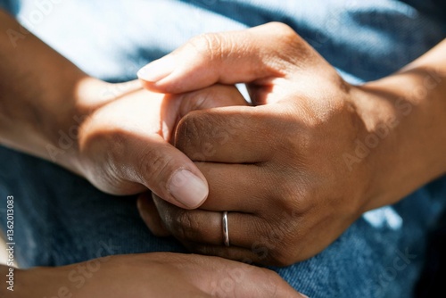 An intimate close-up display capturing two hands clasped together, symbolizing care, empathy, unity and support