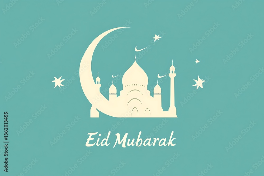 Cream Mosque, Crescent Moon, Stars Minimalist on Teal Background, Eid Mubarak Text Cream Mosque, Crescent Moon, Stars Minimalist on Teal Background, Eid Mubarak Text