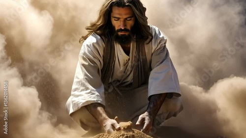 Jesus Christ our Savior in Creation creating all things including man from the dust of the earth 4K