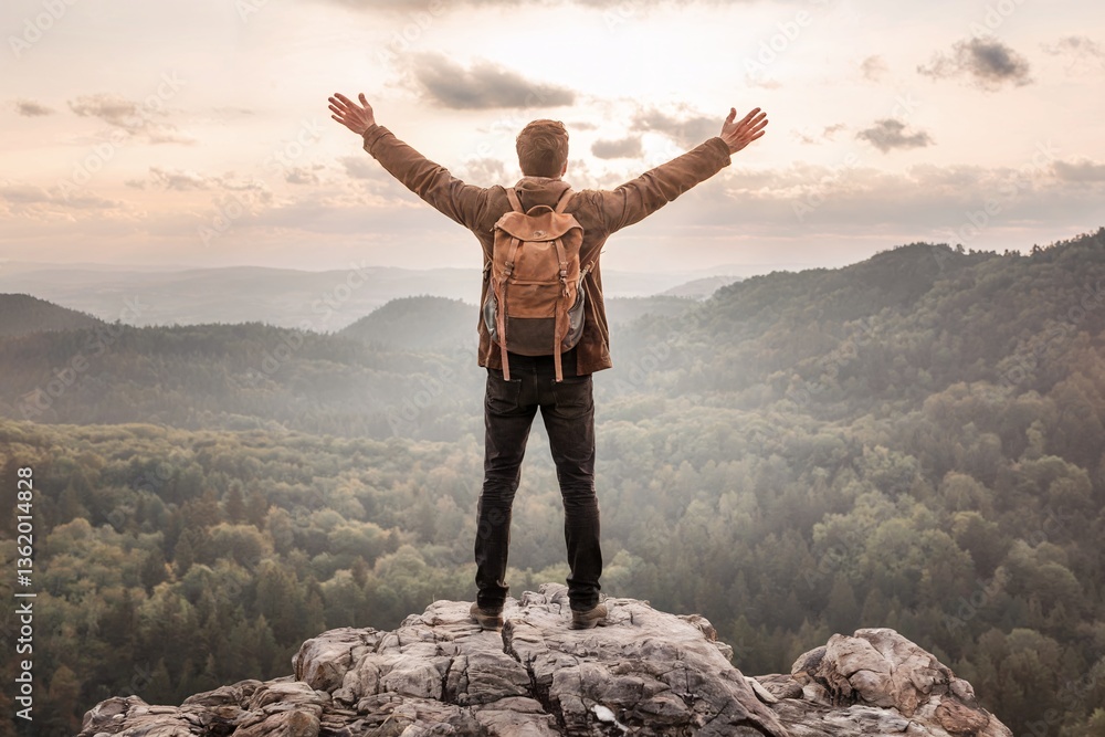 Man Standing on Mountain Top Embracing Nature Under Sky With Arms Wide Open Man Standing on Mountain Top Embracing Nature Under Sky With Arms Wide Open