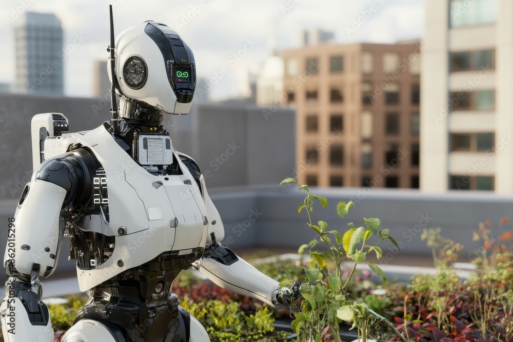 Fototapeta premium Robot tending to plants on a city rooftop garden in bright daylight