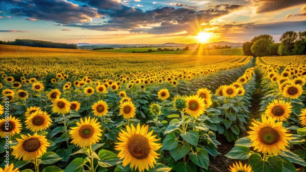 Obraz premium Golden sunflowers bloom in a summer field, captured from a high-angle drone shot.
