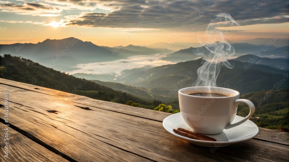 Golden sunrise paints autumnal hues, warming a cozy coffee mug on rustic wood. Golden sunrise paints autumnal hues, warming a cozy coffee mug on rustic wood.