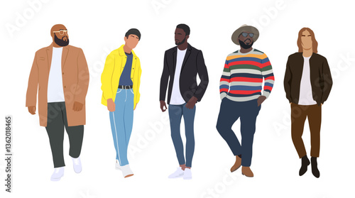 Diverse stylish men wearing modern street fashion clothes. Handsome guys in casual autumn, spring wear. Vector realistic illustrations isolated on white background.