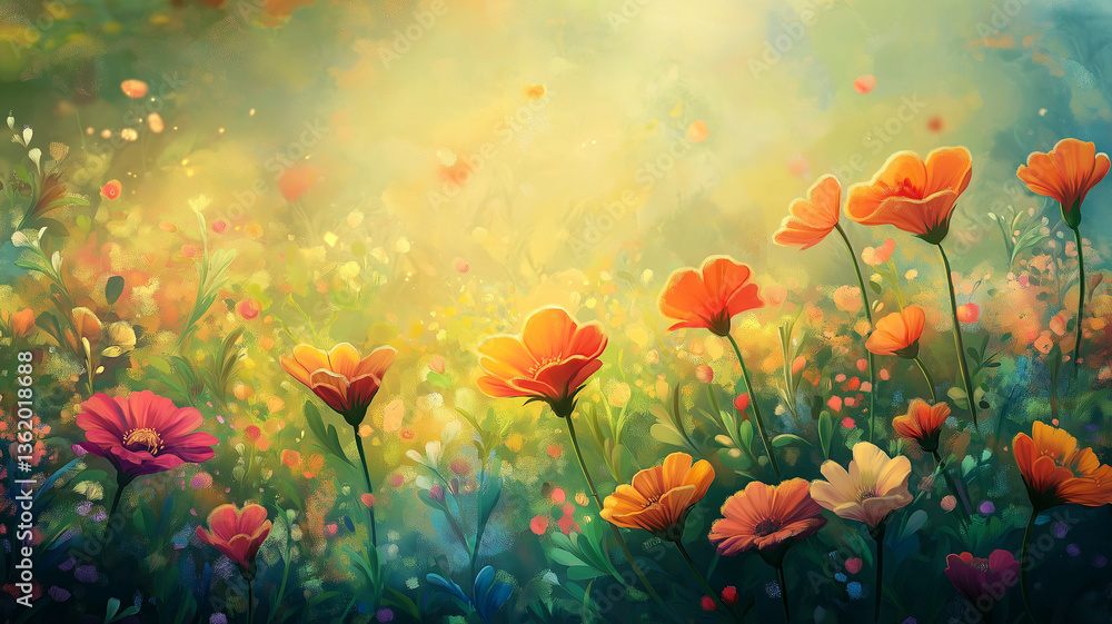 Fototapeta premium 雄大な山々と鮮やかな春の花が咲く幻想的なフローラル風景・蝶が舞う爽やかな青空の下で広がる癒し系ナチュラル背景素材・ボタニカルイラスト・リラクゼーション・自然美・春の季節イメージ