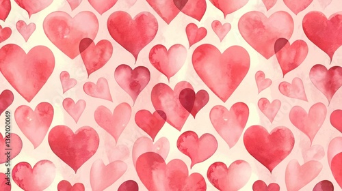 Watercolor Pink and Red Heart Pattern with Gradient on White Background