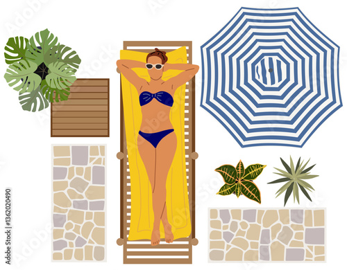 A woman is laying on a lounge chair in a garden patio. The woman is wearing a bikini and sunglasses. Top view scene with potted plants, outdoor furniture and umbrella.  Flat vector illustration.