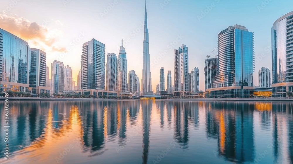 Dubai Skyline Reflection: A Serene Urban Oasis at Dawn Dubai Skyline Reflection: A Serene Urban Oasis at Dawn