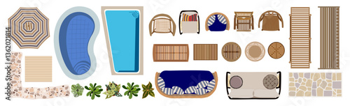 Top view of furniture icons for interior and landscape design plan. Sunbed, armchairs, table, plants, terrace, pool, patio, garden, porch zone. Vector illustrations isolated on transparent background.