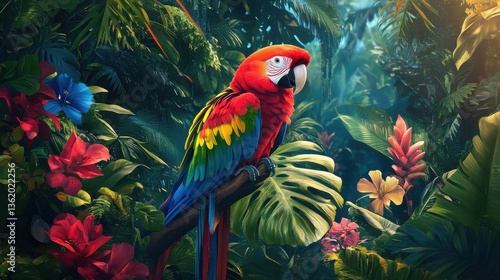 Wallpaper Mural Vibrant parrot in a colorful jungle with lush foliage and bright flowers, highlighting the beauty of nature and exotic wildlife. illustration Torontodigital.ca