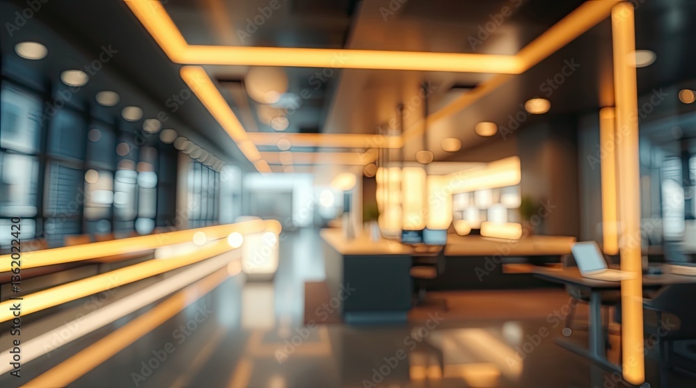 Fototapeta premium Abstract blurred interior showcases modern office space illumination