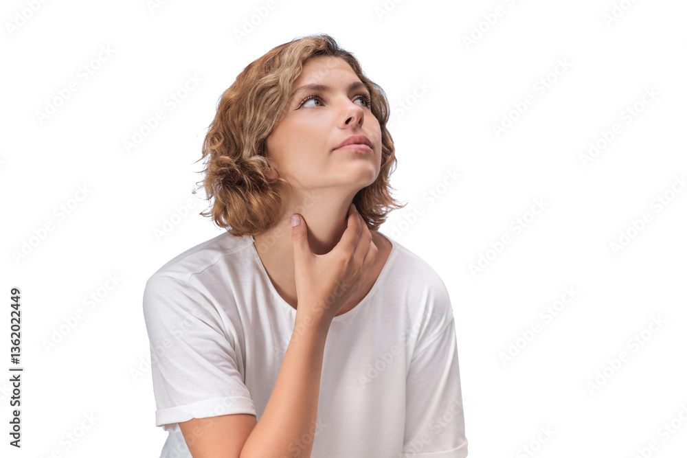 Young woman gently touches her throat while glancing upward with a worried expression, possibly showing signs of sore throat, inflammation, or respiratory discomfort. Great for health concepts.