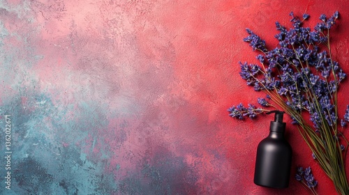 Vibrant pink-blue background with vase and purple flowers