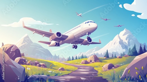 Scandinavian style kids landscape. Aircraft flying over mountain, childish banner with air transport and rocks. Nursery print, cartoon nowaday vector background
