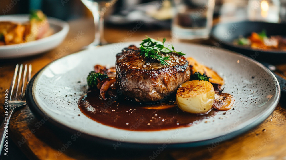 A nicely plated steak dish with vegetables and sauce on a white plate in a restaurant setting A nicely plated steak dish with vegetables and sauce on a white plate in a restaurant setting