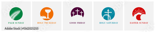 Easter Sunday holiday icons set for posters of Holy Week. Creative logo with palm, bowl and bread, crown of thorns, cross and open tomb for Easter Sunday banner design. Vector illustration