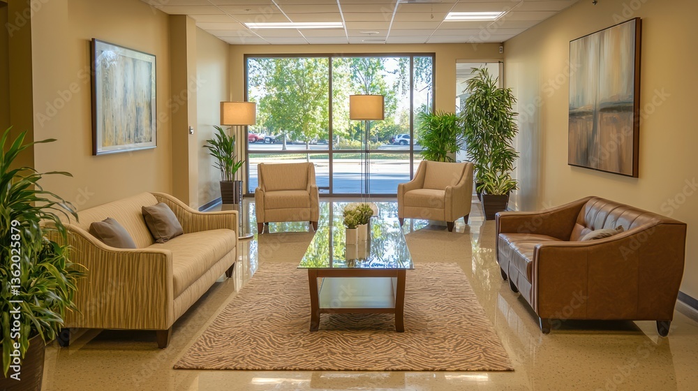 A corporate space with elegant decor elements, neutral tones, and soft lighting A corporate space with elegant decor elements, neutral tones, and soft lighting