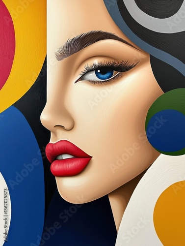 A vibrant portrait of a woman's face featuring bold colors and stylized features, showcasing artistic expression and modern aesthetics.
