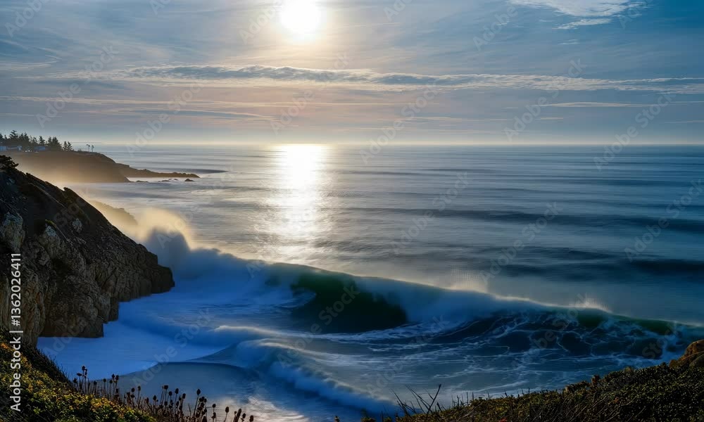 Coastal sunset over rocky shore with waves crashing Coastal sunset over rocky shore with waves crashing