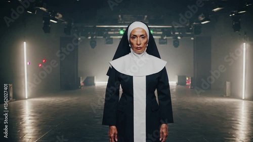 music video style shot of an old ethnic woman in a religious halloween costume, serious expression and dark mood, white light pillars in a large dark hall