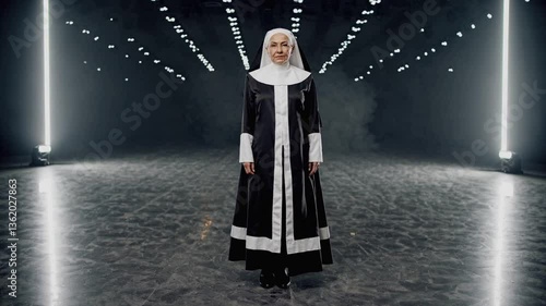 music video style shot of an old ethnic woman in a religious halloween costume, serious expression and dark mood, white light pillars in a large dark hall
