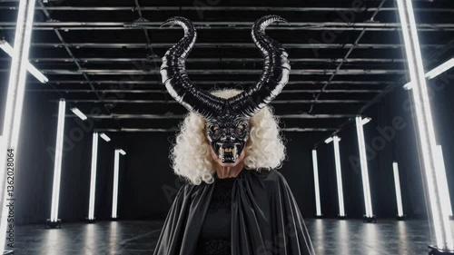 old woman with huge horns mask in a serious pose, surrounded by light pillars in dark large room, dark demonic costume, music video style composition