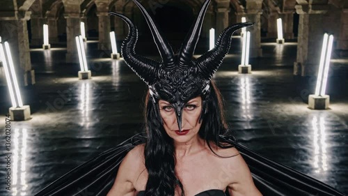 woman in a serious pose, surrounded by light pillars in dark large room, dark demonic witch venetian masquerade mask, music video style composition
