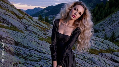 dark glamour model in her 30s, demonic brooding and deep contemplation, witch performing witchcraft, dancer posing in a scenic outdoor setting