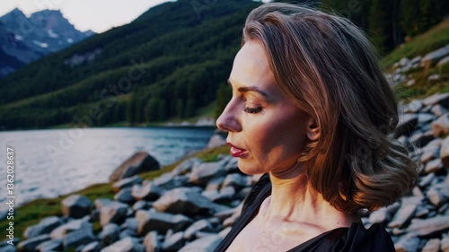 dark glamour model in her 30s, demonic brooding and deep contemplation, witch performing witchcraft, dancer posing in a scenic outdoor setting