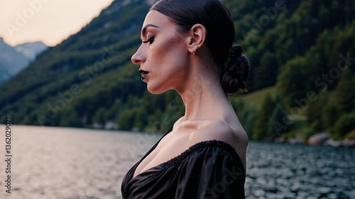dark glamour model in her 30s, demonic brooding and deep contemplation, witch performing witchcraft, dancer posing in a scenic outdoor setting