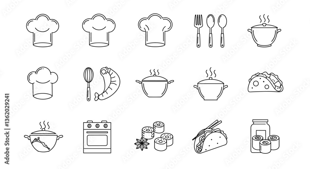 Line art icons of various cooking elements and chef hats. Line art icons of various cooking elements and chef hats.