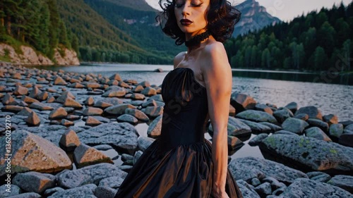 dark glamour model in her 30s, demonic brooding and deep contemplation, witch performing witchcraft, dancer posing in a scenic outdoor setting