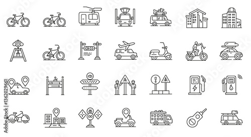 Line art icons of various transportation and travel related imagery.