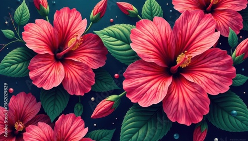 Wallpaper Mural Intricate hibiscus blossoms, vibrant hues, repeating floral design , petals, image, print Torontodigital.ca