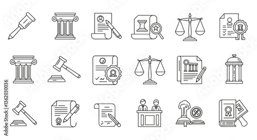 Set of Law and Justice Icons. Black and white line art.