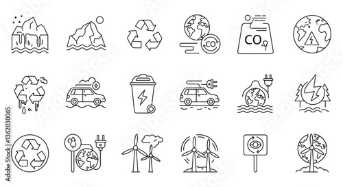 Set of line icons related to environmental problems and solutions