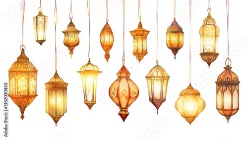 Cascading Golden Lanterns isolated transparent background