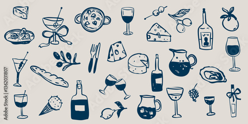 Italian French food restaurant doodle sketch collection. Vacation summer party set. La dolce vita whimsical style