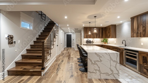 A modern basement renovation features a spacious