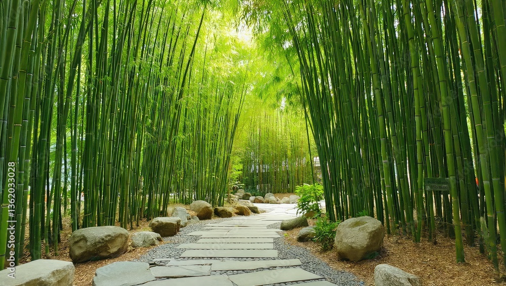 A serene pathway through a lush green bamboo forest scene