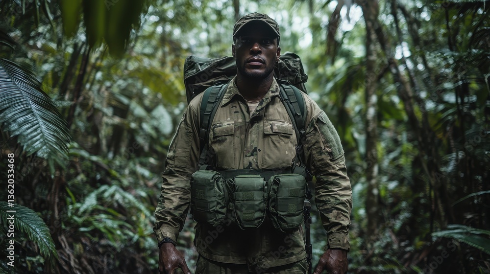 Soldier Trekking Through Lush Rainforest Environment Soldier Trekking Through Lush Rainforest Environment